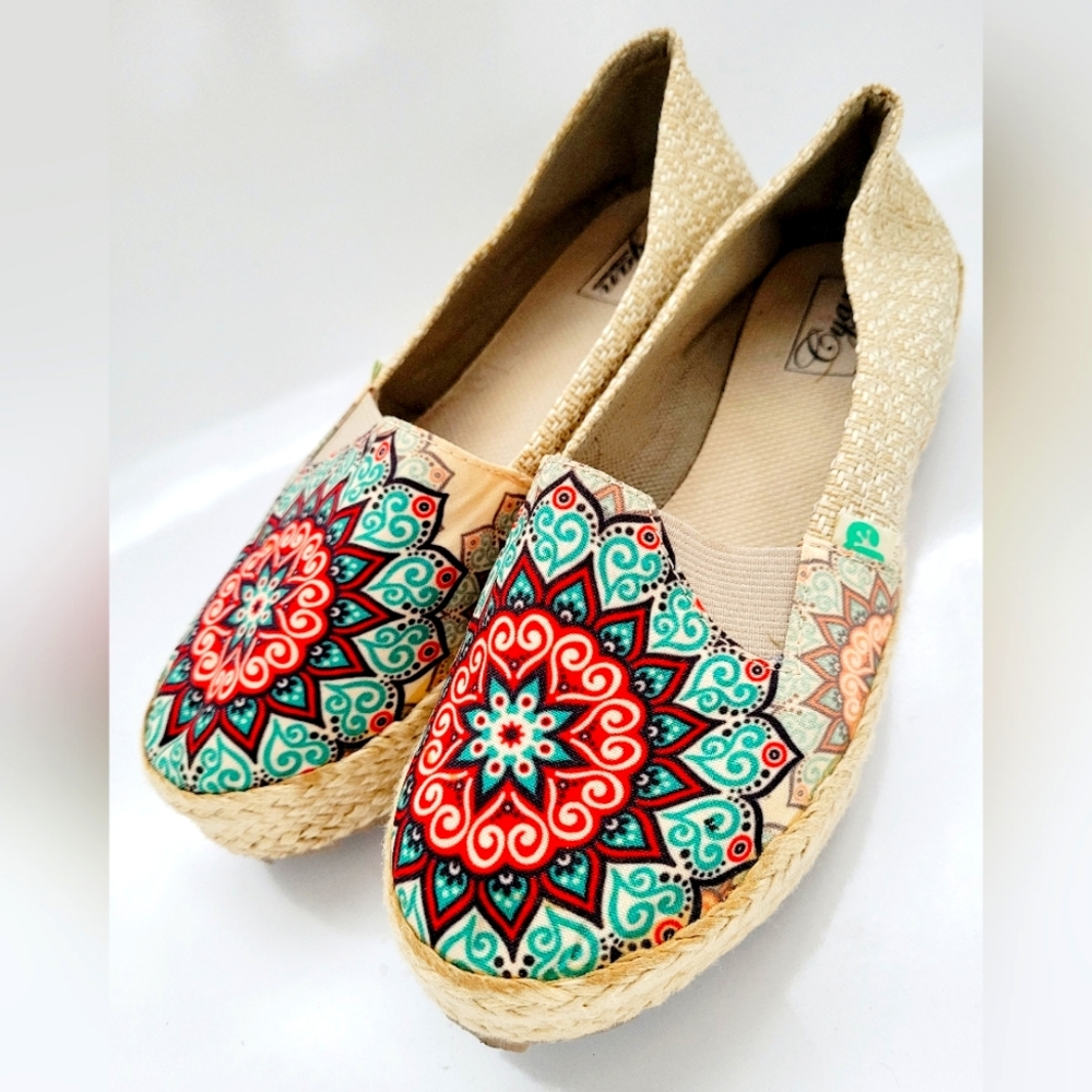 Boho Mandala Espadrille Flats - Red & Turquoise